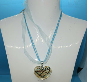 Aqua Blue Ribbon 16" Heart Pendant Necklace