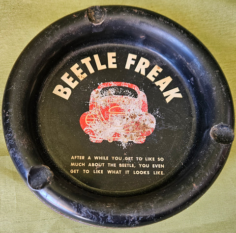 VW Collectible Vintage "Beetle Freak" Black Tin Ashtray (Worn)