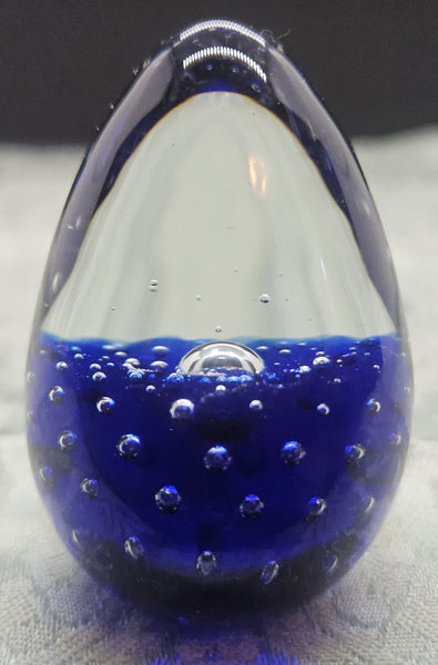 Vintage Glass Clear & Cobalt Blue Egg Shaped Paperweight