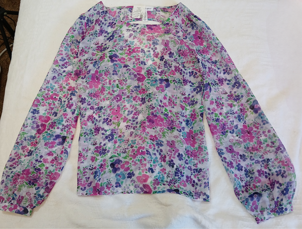 Small Brand New AMBIANCE Purple Floral Open Back Sheer Blouse