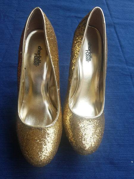 Sz 9 CHAROLETTE RUSSE Gold Sparkle Stiletto Pumps / High Heel Shoes