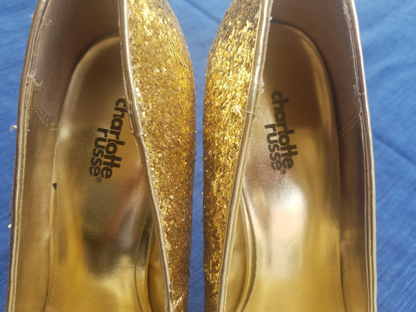 Sz 9 CHAROLETTE RUSSE Gold Sparkle Stiletto Pumps / High Heel Shoes