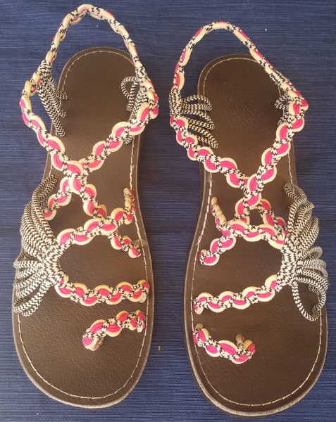 Size 7 Handmade Multi Pattern Pink & Black Sandals