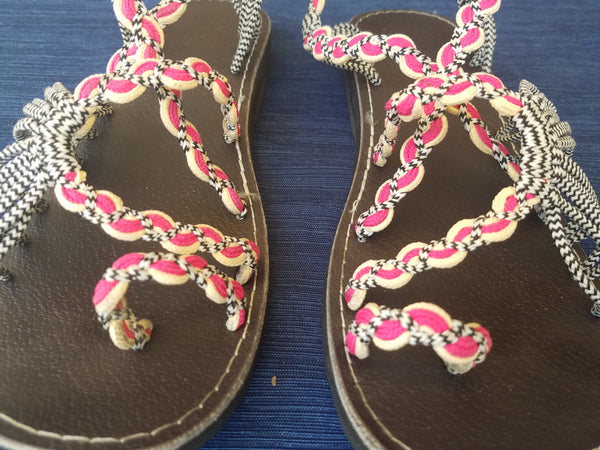 Size 7 Handmade Multi Pattern Pink & Black Sandals