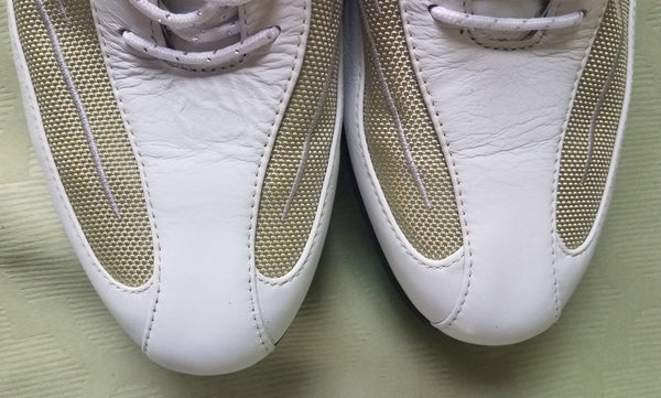 Size 8.5 CALLAWAY White & Tan/Green Sparkle Cleat Golf Shoes