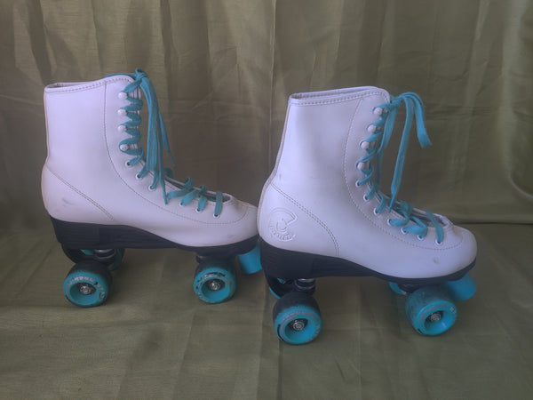 C Seven Size 7 White Roller Skates w/ Teal Laces, Wheels & Stopper