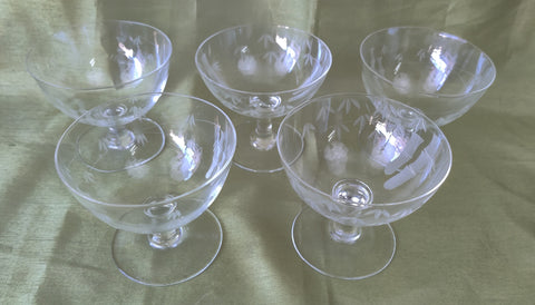 Etched Glass 5 Count 4 oz Dessert Pedestal Bamboo Pattern Dishes