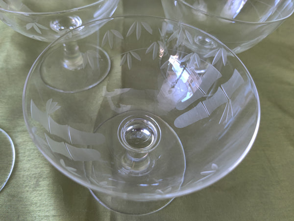 Etched Glass 5 Count 4 oz Dessert Pedestal Bamboo Pattern Dishes