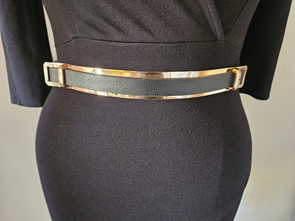 Large FOREIGN CHANGE Black Bodycon Dress w/ Gold Belt