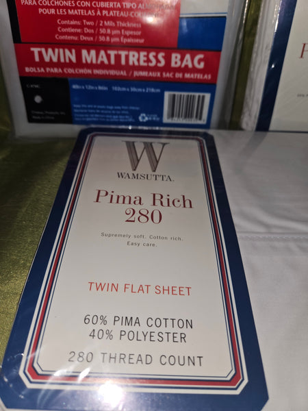 Brand New WAMSUTTA PIMA RICH 280 Twin Flat & Fitted White Sheets w/ Mattress Bag