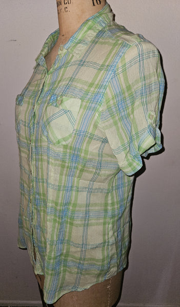 1X (16W) JUST MY SIZE Green, Blue & White Plaid Blouse
