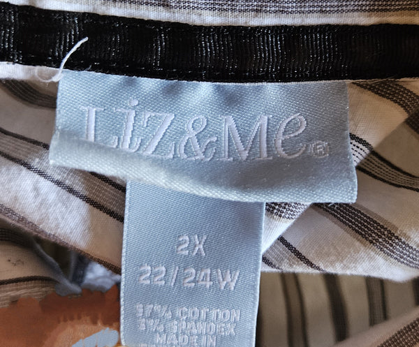 2X (22/24) LIZ & CO White Blouse w/ Black & Gray Stripes