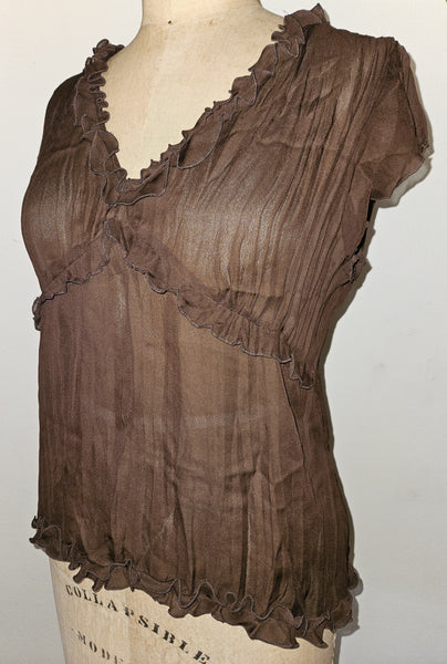 XL ALLISON TAYLOR Brown Sheer Ruffled Blouse