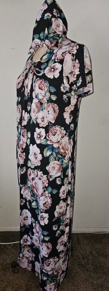 2X VIBE SPORTSWEAR Long Black Floral Hooded Dress