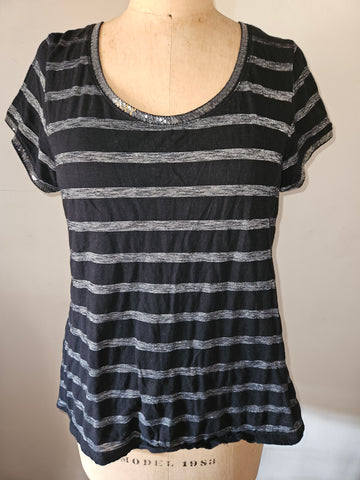 XL JEANS BY BUFFALO Black & Silver Striped Shirt w/ Neckline Sequence