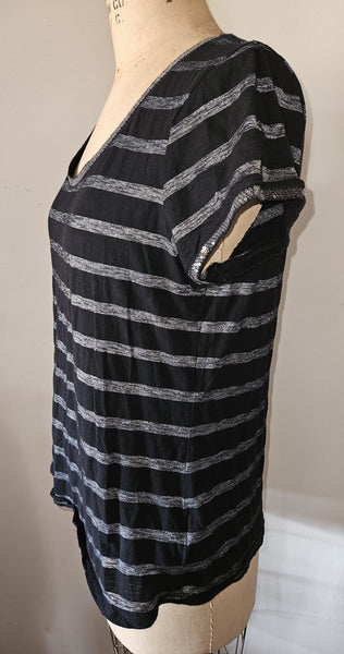 XL JEANS BY BUFFALO Black & Silver Striped Shirt w/ Neckline Sequence