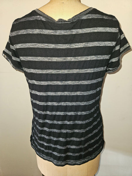 XL JEANS BY BUFFALO Black & Silver Striped Shirt w/ Neckline Sequence