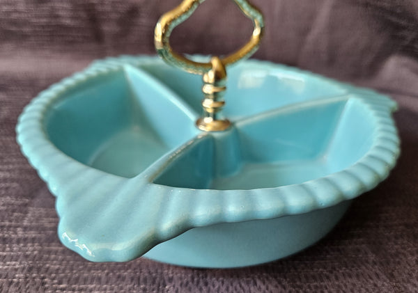 Vintage 3-Part Ceramic Turquoise L-65, California Pottery Relish / Nut / Candy Dish