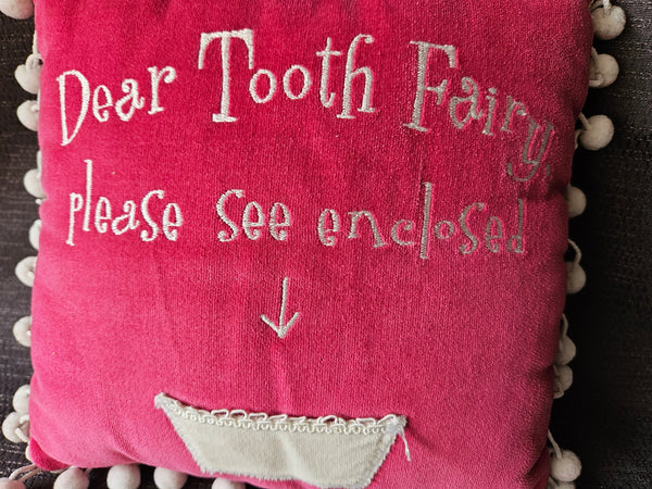 Pink Tooth Fairy Pillow w/ White Pom Pom Trim