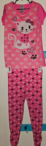 Kids Size 8 UNBRANDED 2-pc Black & White Hearts Kitten / Cat Pajama Set