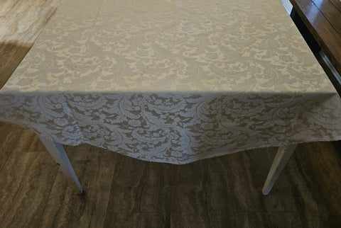 Oval 57" x 81" White Shimmery Floral Tablecloth