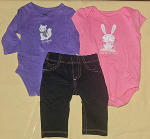 3 Mo / 3-6 Mo Girls 3-Pc Purple & Pink Outfit w/ Jeggings