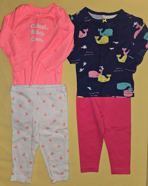 6 Mo Girls 4-Pc (2 Outfit) Neon Floral Outfit & Long Sleeve Whale Outfit