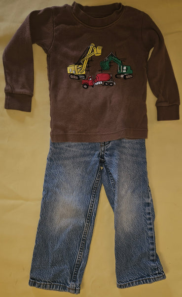 2T Boys 2-Pc Brown Truck Long Sleeve Shirt & Jeans Outfit