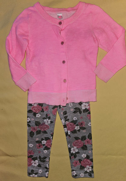 2T Girls Floral Leggings & Neon Pink Sweater