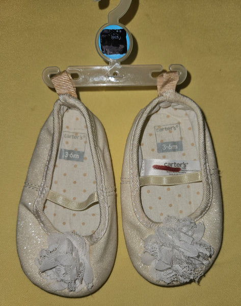 3-6 Mo Girls Brand New CARTER'S Creme Sparkle Shoes w/ Flowers on Front