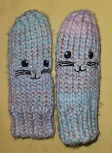 6-12 Mo Infant Kitty Cat Face Sparkle Hand Knitted Booties / Mittens