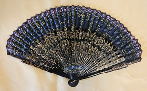 Black Detailed Floral Folding Wood Hand Fan