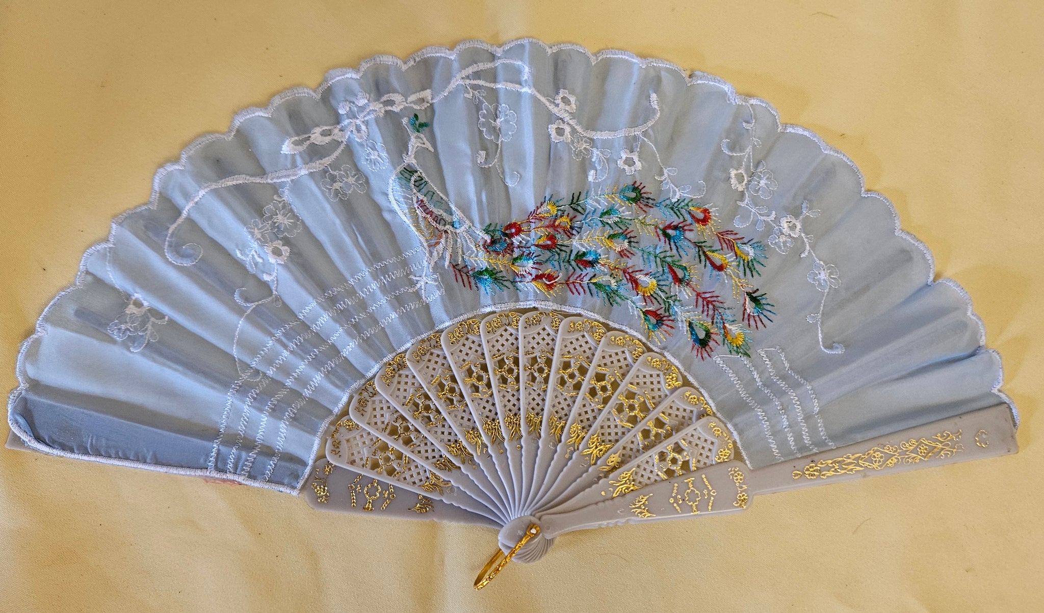 16" Light Blue Embroidered Peacock Folding Hand Fan