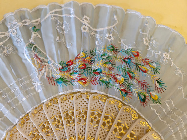 16" Light Blue Embroidered Peacock Folding Hand Fan