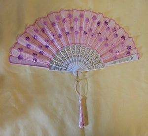 Pink Folding Fan w/ Purple Flowers & White Trim