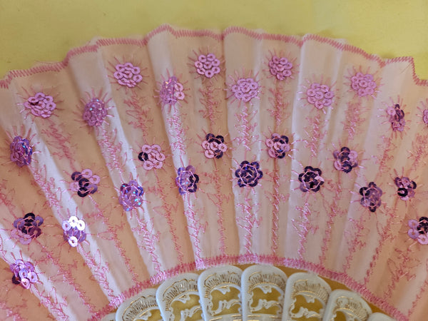 Pink Folding Fan w/ Purple Flowers & White Trim