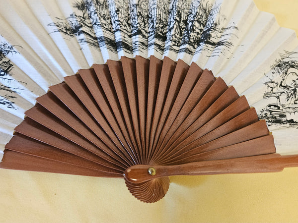 White & Brown Spanish Graphic Wood Folding Hand Fan
