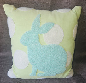 Mint Green & White Decorative Square Bunny Easter Spring Throw Embroidered Pillow (FLAW)