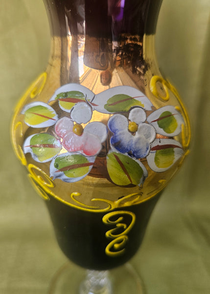 Vintage 7" Purple Amethyst & 24K Gold Czech Bohemian Hand Painted Glass Vase