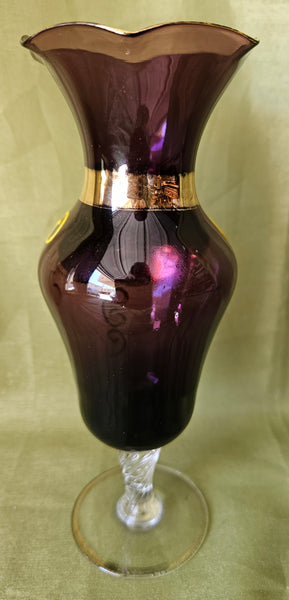 Vintage 7" Purple Amethyst & 24K Gold Czech Bohemian Hand Painted Glass Vase