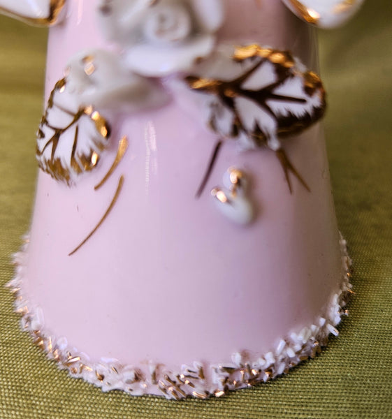 Ceramic Pink, White & Gold Floral & Bow Vintage Collectible Ringing Bell