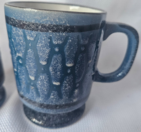 Set of 2 Vintage Circa 1970 Blue Ceramic Haindpainted Pedestal Coffee Mug