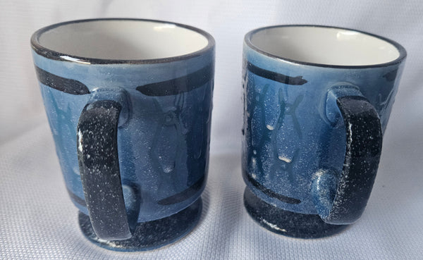 Set of 2 Vintage Circa 1970 Blue Ceramic Haindpainted Pedestal Coffee Mug