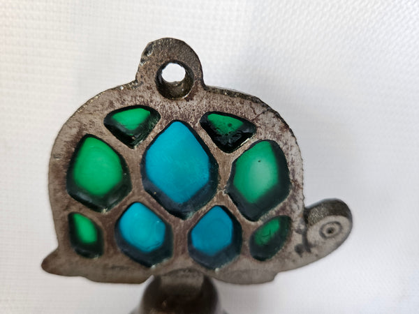 Vintage Green & Blue Stained Glass Metal Ringing Turtle Bell