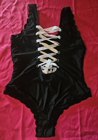 SHEIN 3X Black w/ White Lace One Piece Bathing Suit