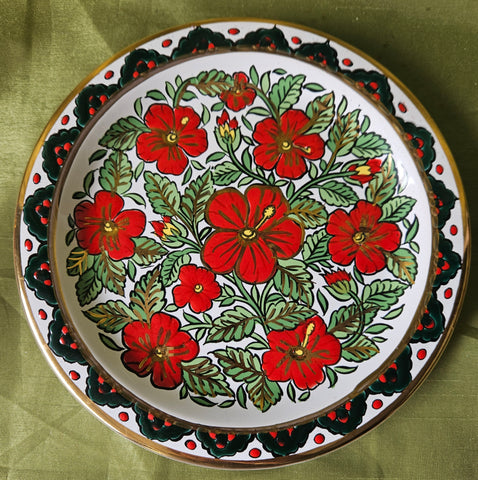 Handmade by Seva 24K Gold Trim Rhodes Greece Depastas Ceramics Red Floral Decorative Plate