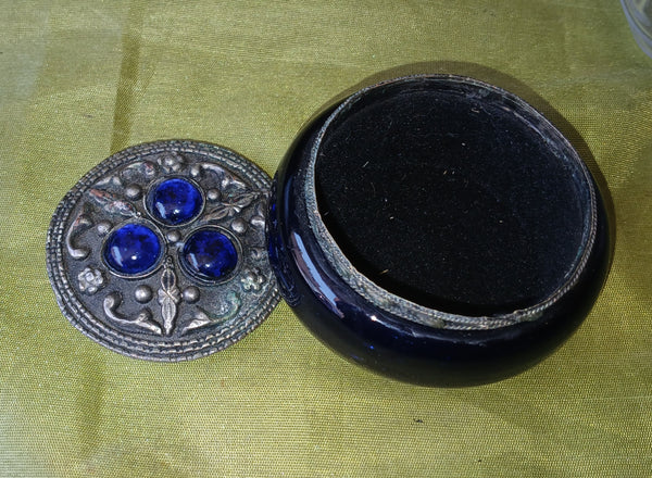 Blue Vintage Silver & Blue Beaded Round Lided Trinket Box