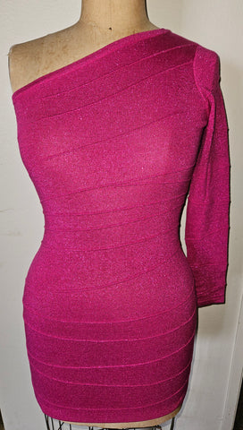 Medium XXI Hot Pink Sparkle One Shoulder Bodycon Mini Dress