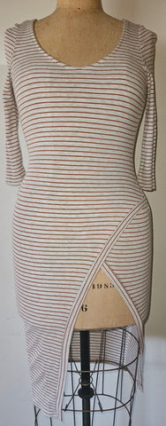 Small MAY PINK Women's Cream & Rust Striped Side Slit Dress