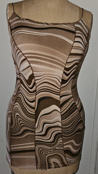 LOVELY DAY Large Brown Black Swirl Print Spaghetti Strap Boho Sundress Chic Look